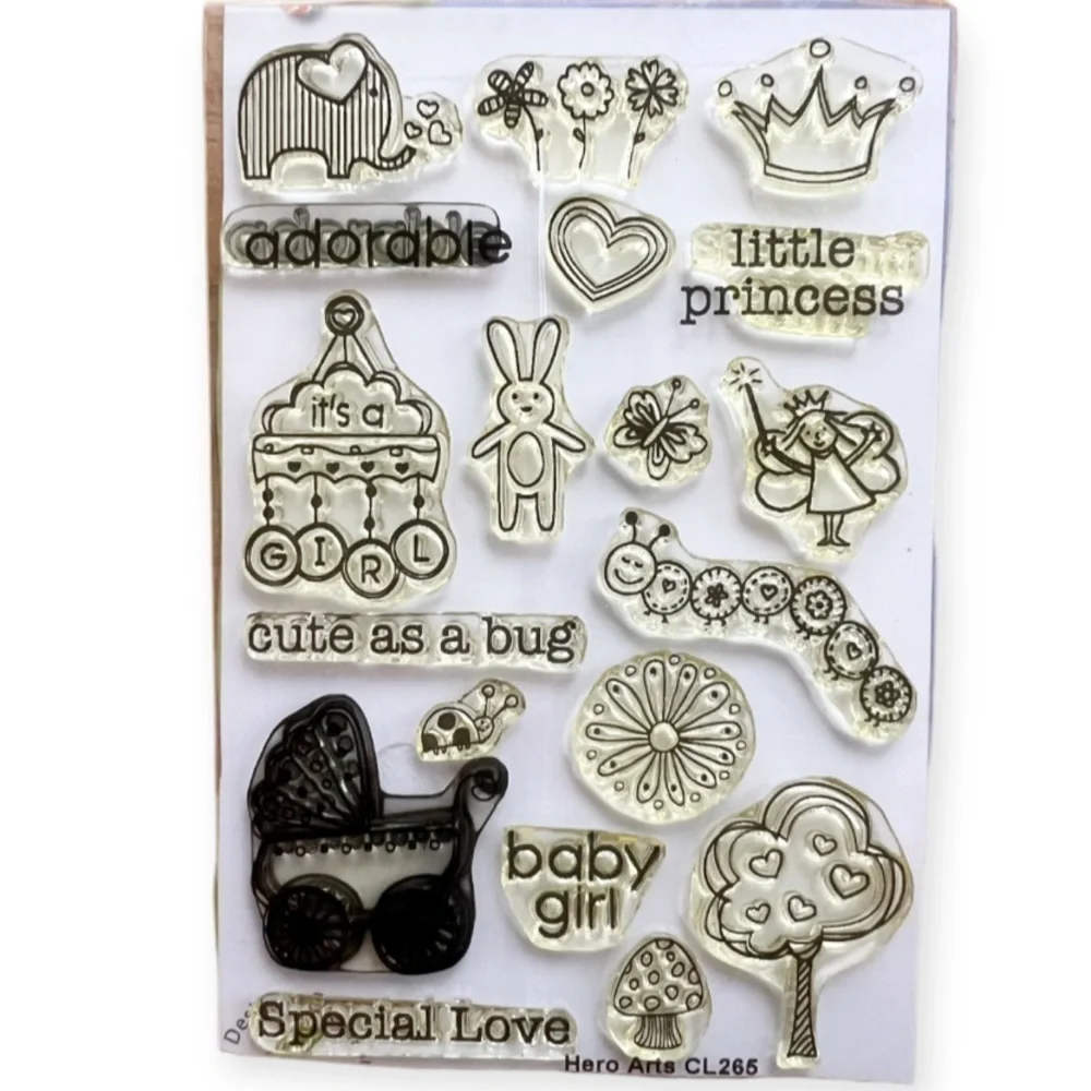 Hero Arts Set of 2 Acrylic Stamp Sets Adorable Baby Girl Playful Animals